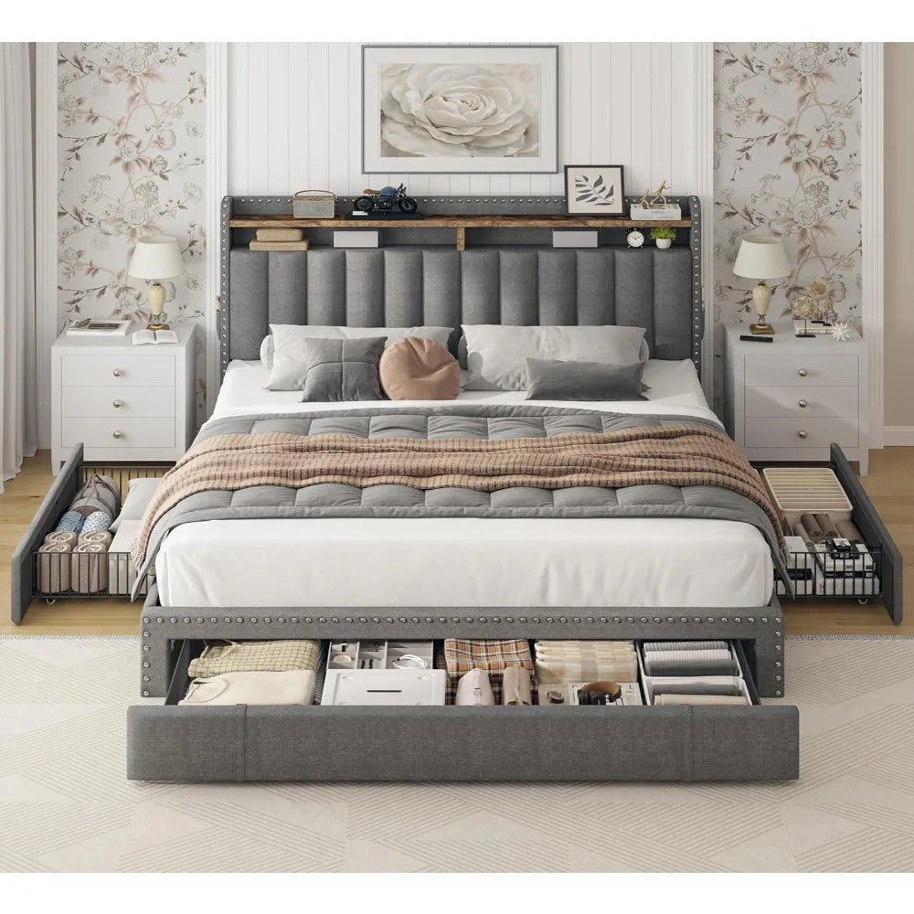 Ljustra Upholstered Queen Bed Frame with 3 Storage Drawers Strong Support