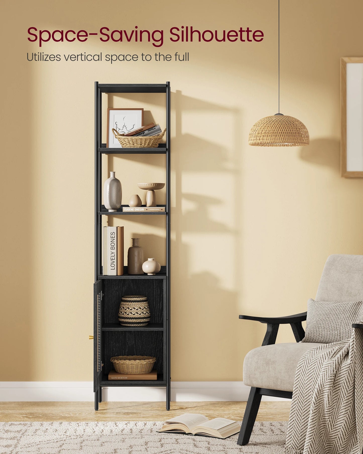 Ljustra 6-Tier Bookcase Rattan-Like Door Boho Style Metal Frame