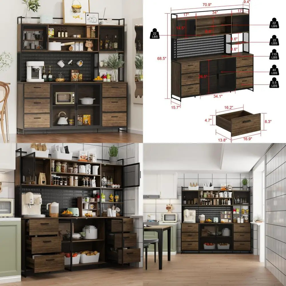 70.9 Inch Sideboard Buffet Storage Cabinet with Hutch and Metal Doors