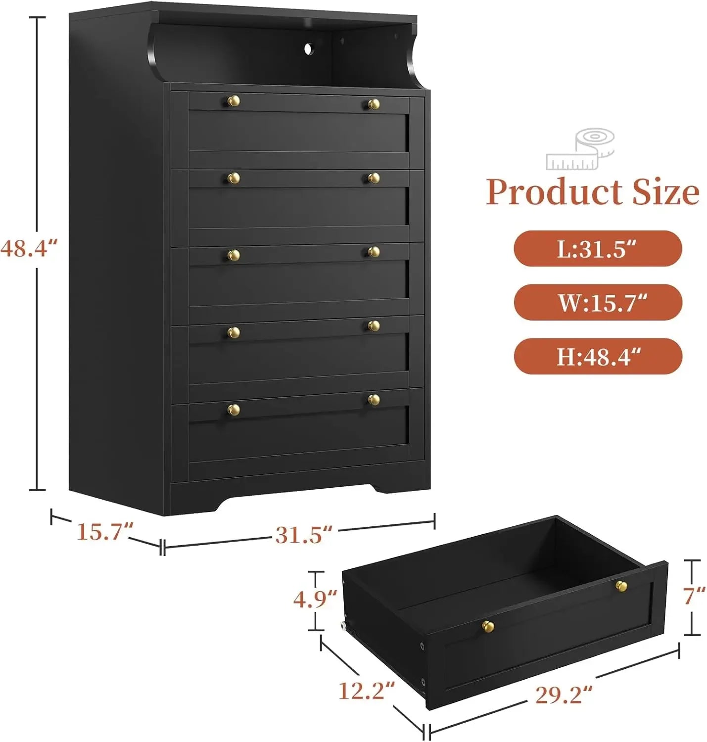 Ljustra 5 Drawer Tall Dresser with LED Lights for Bedroom Storage