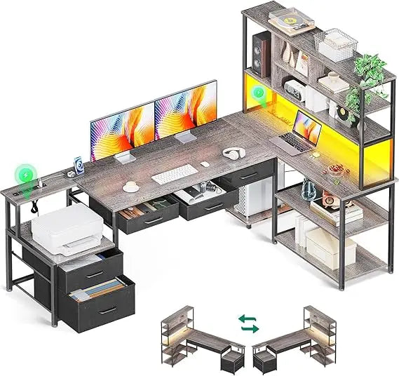 L Shaped Desk with File Drawers Reversible Gaming Desk with Power Outlets