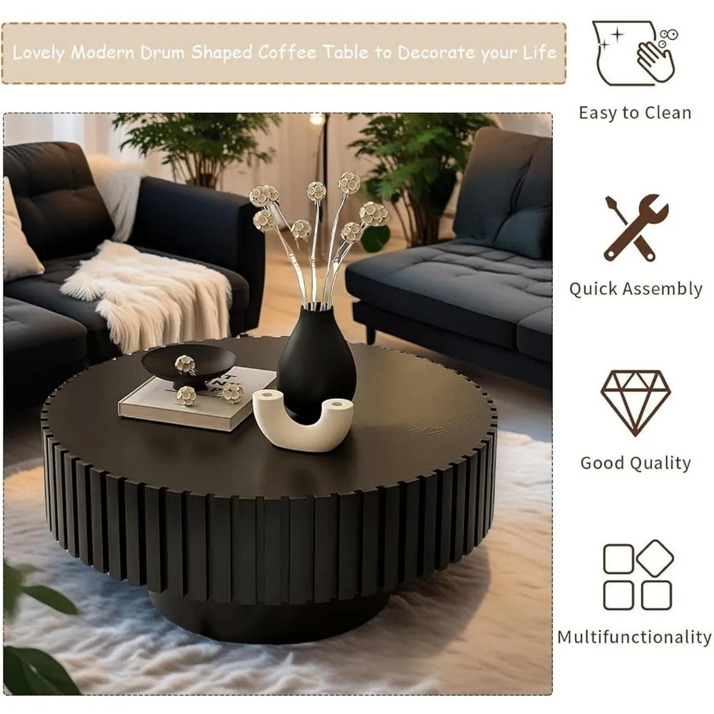 Round Fluted Coffee Table Modern Handcrafted Drum Table Low Profile