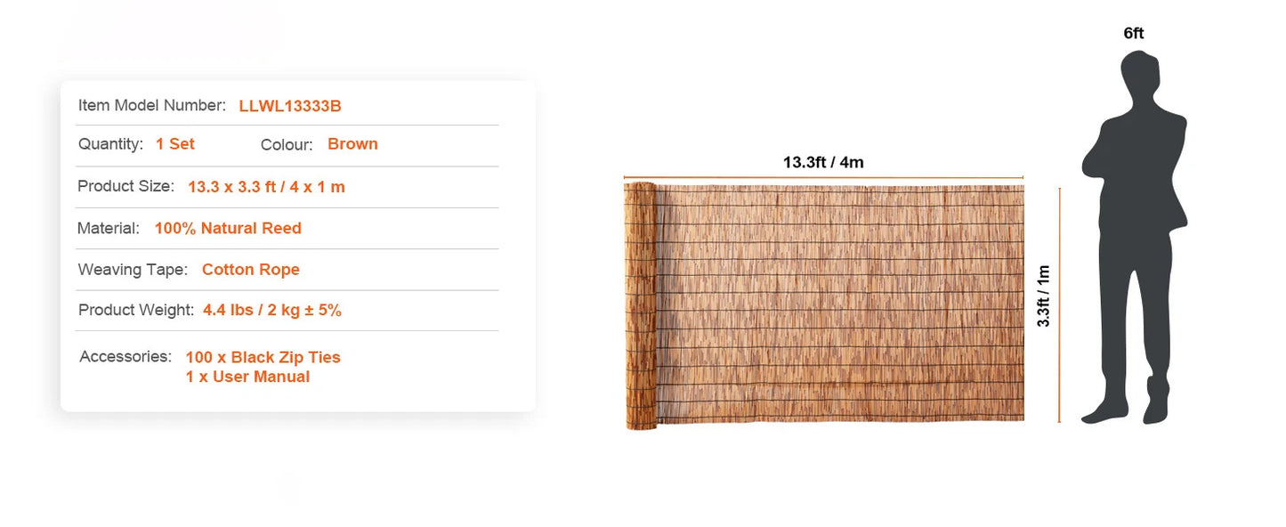 Natural Reed Fencing Roll 3.3ft x 13.3ft Outdoor Privacy Screen