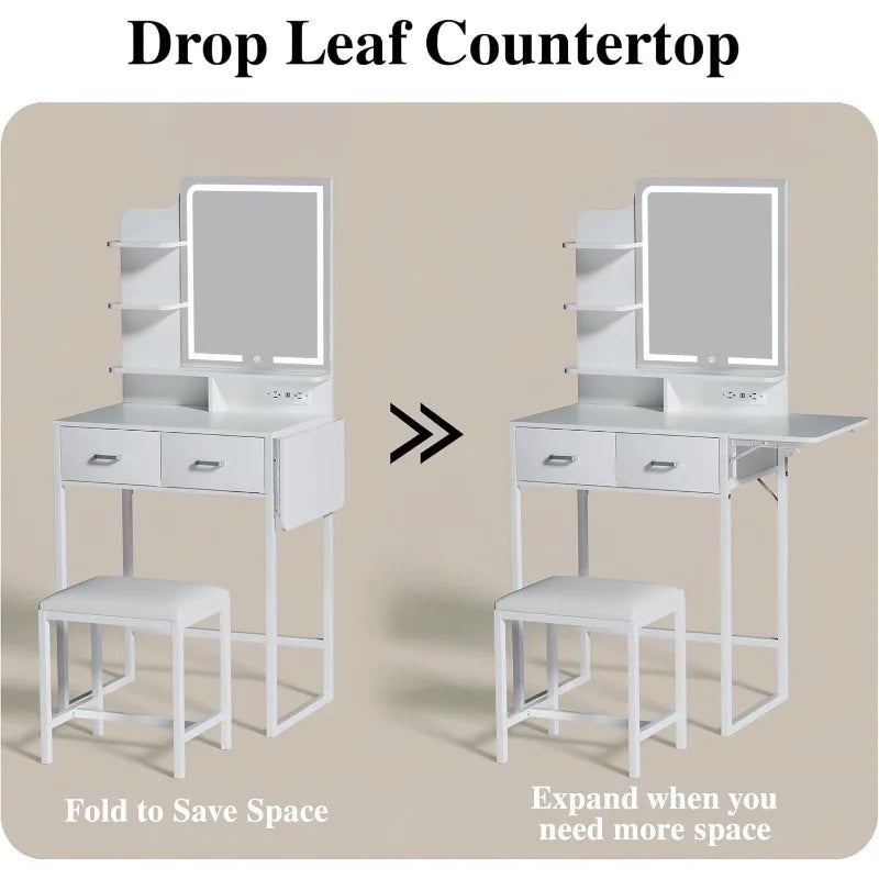 Makeup Vanity Desk with Mirror and Lights Compact Storage Shelves Chair