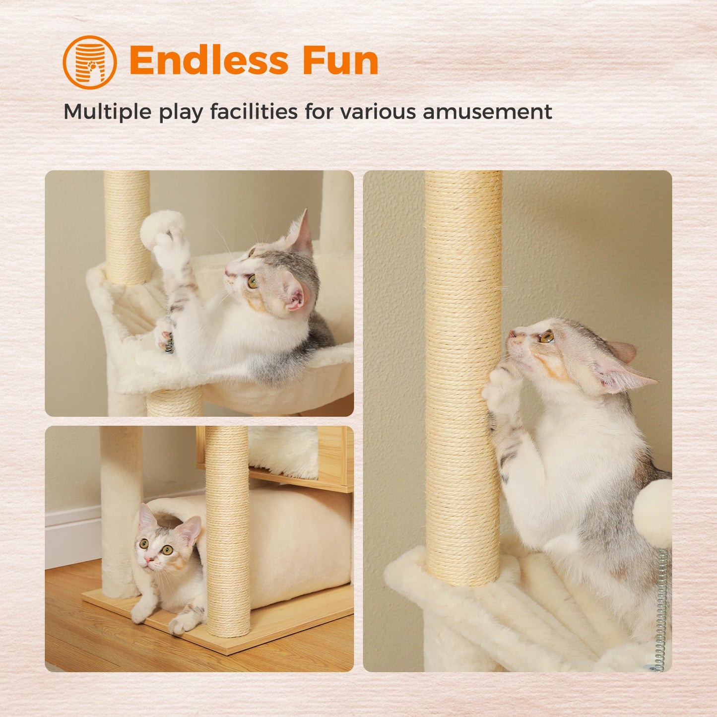 Floor to Ceiling Cat Tree Adjustable Height Wooden Tower with Scratching Posts