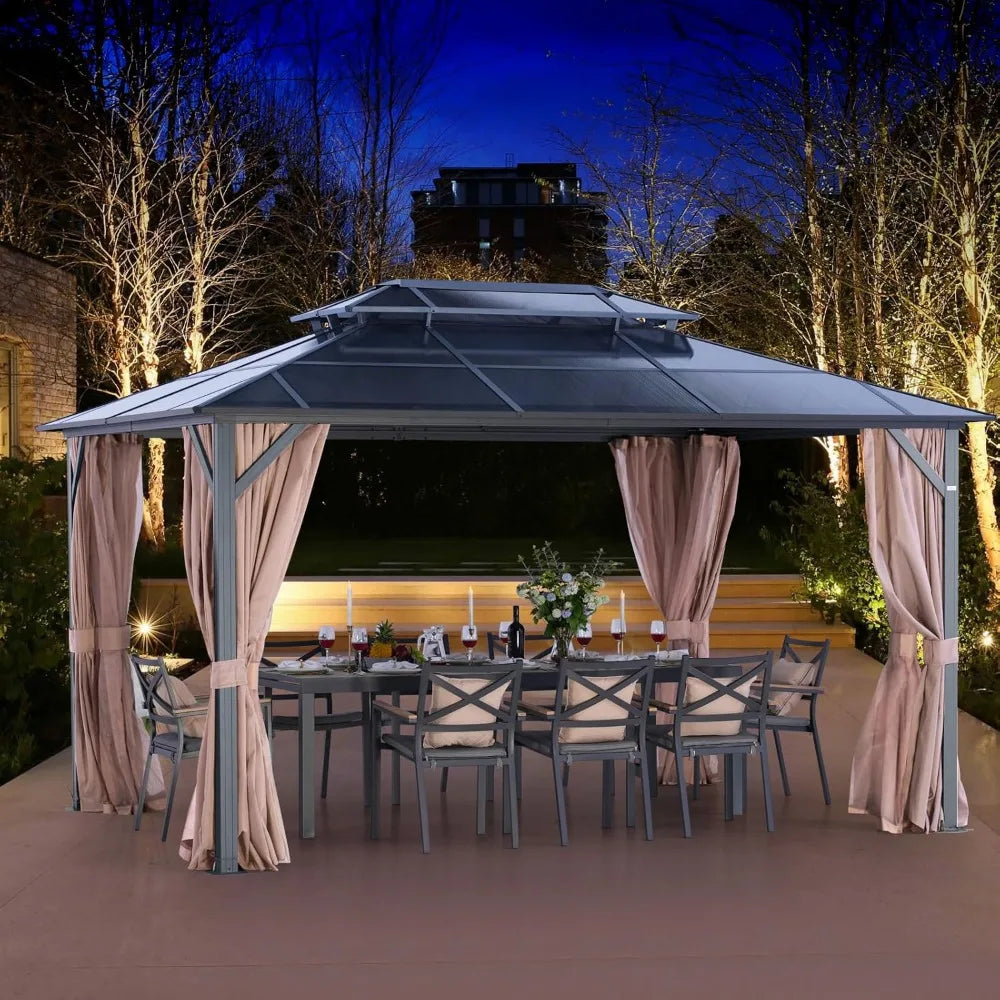 Ljustra 10X13FT Outdoor Gazebo Hardtop Canopy with Netting & Curtains