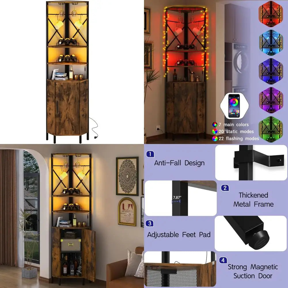 6-Tier Corner Wine Rack with Charging Station LED Lighting Industrial