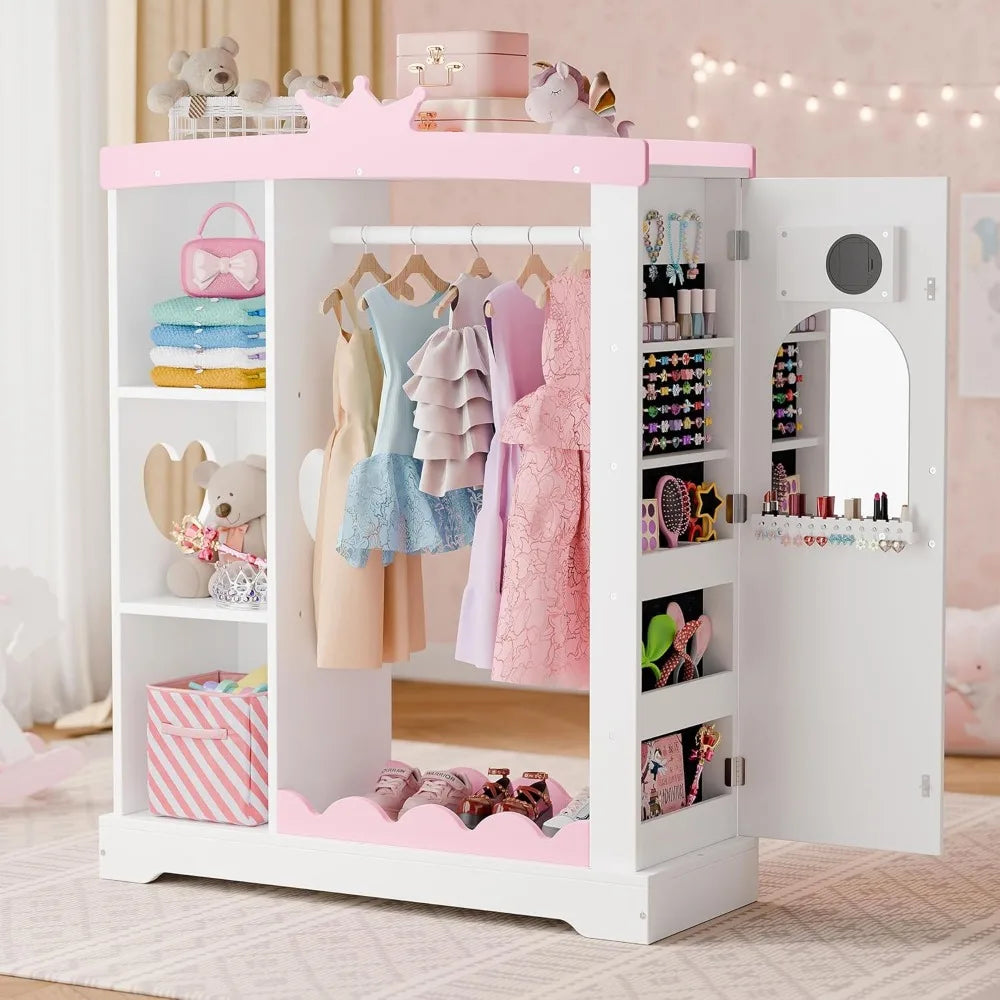 Kids Armoire Jewelry Cabinet Dress Up Storage Mirror Shelves Closet
