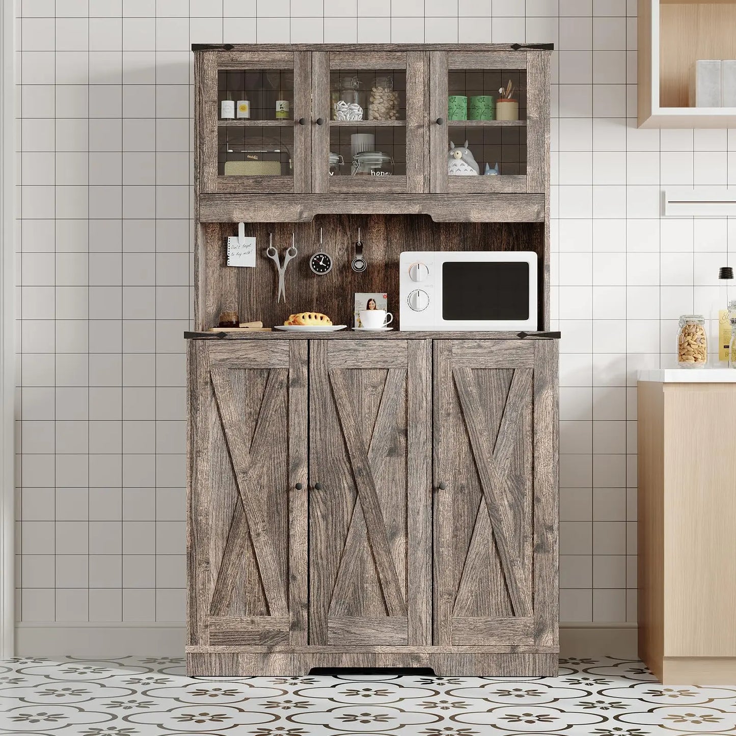 Pantry Cabinet with Charging Station 70.5" Tall Kitchen Hutch Storage