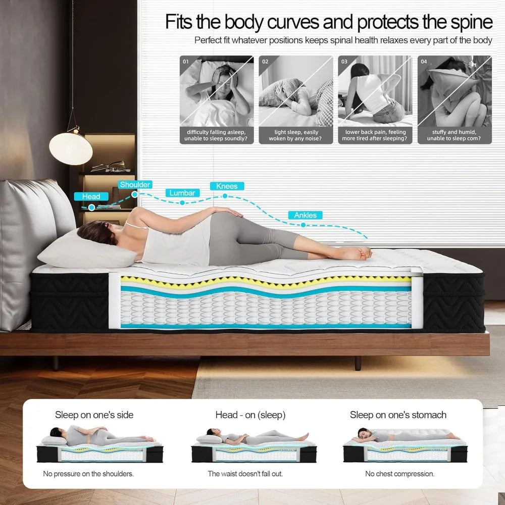 Ljustra Queen Mattress 10in Deluxe Hybrid Memory Foam Pocket Spring