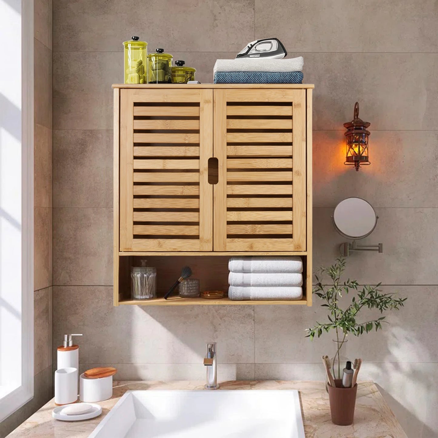 Wall Mounted Bathroom Bamboo Storage Cabinet Medicine Shelf