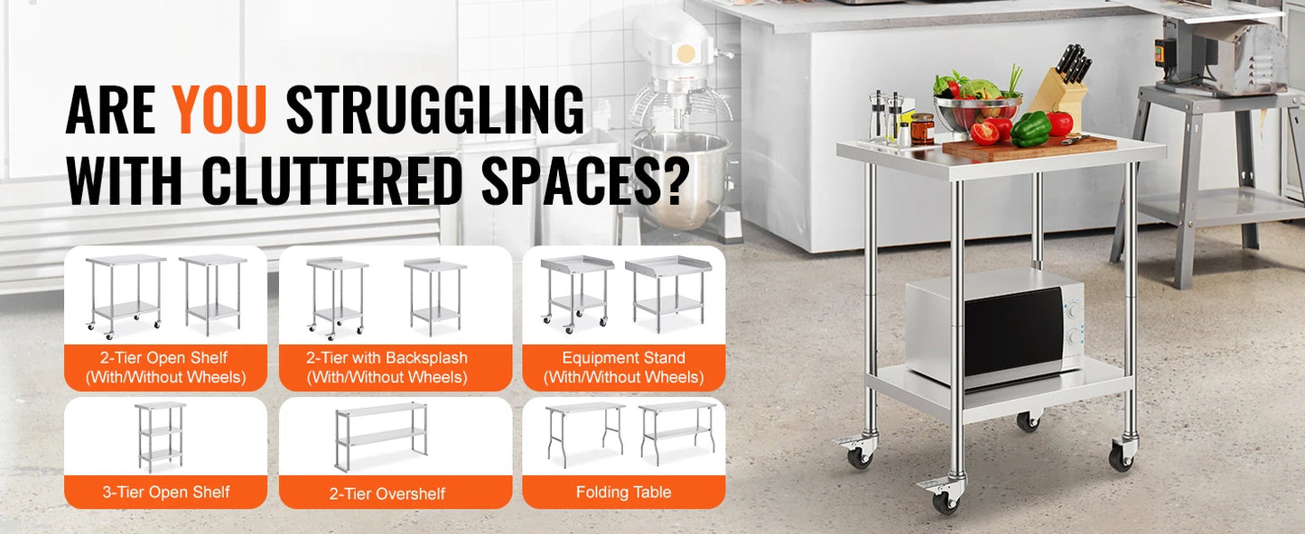 Heavy Duty Stainless Steel Work Table with Wheels Adjustable Height