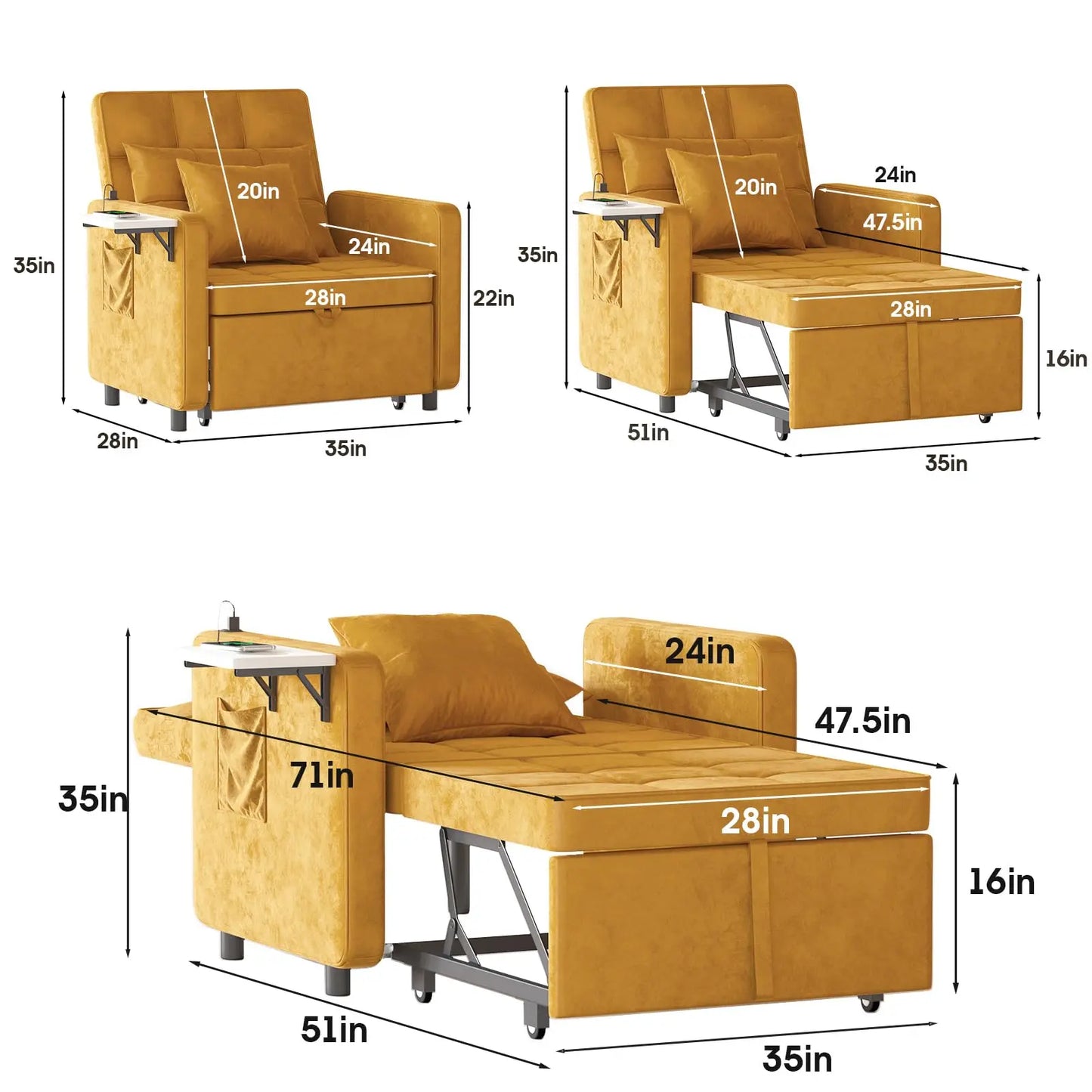 Ljustra Velvet Chaise Lounge Chair with USB Ports 3-in-1 Sofa Bed