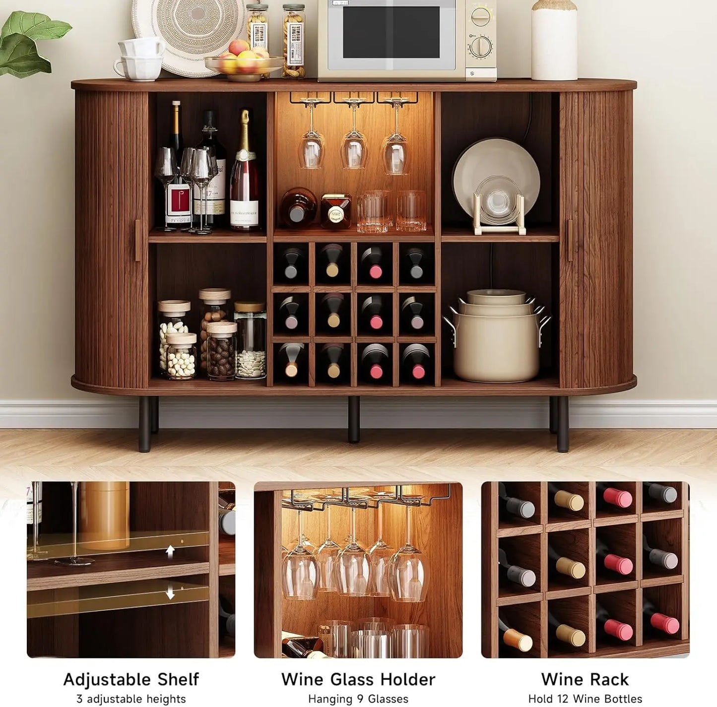 Limited Stock 55 Inch Wine Bar Cabinet with LED Light Modern Storage