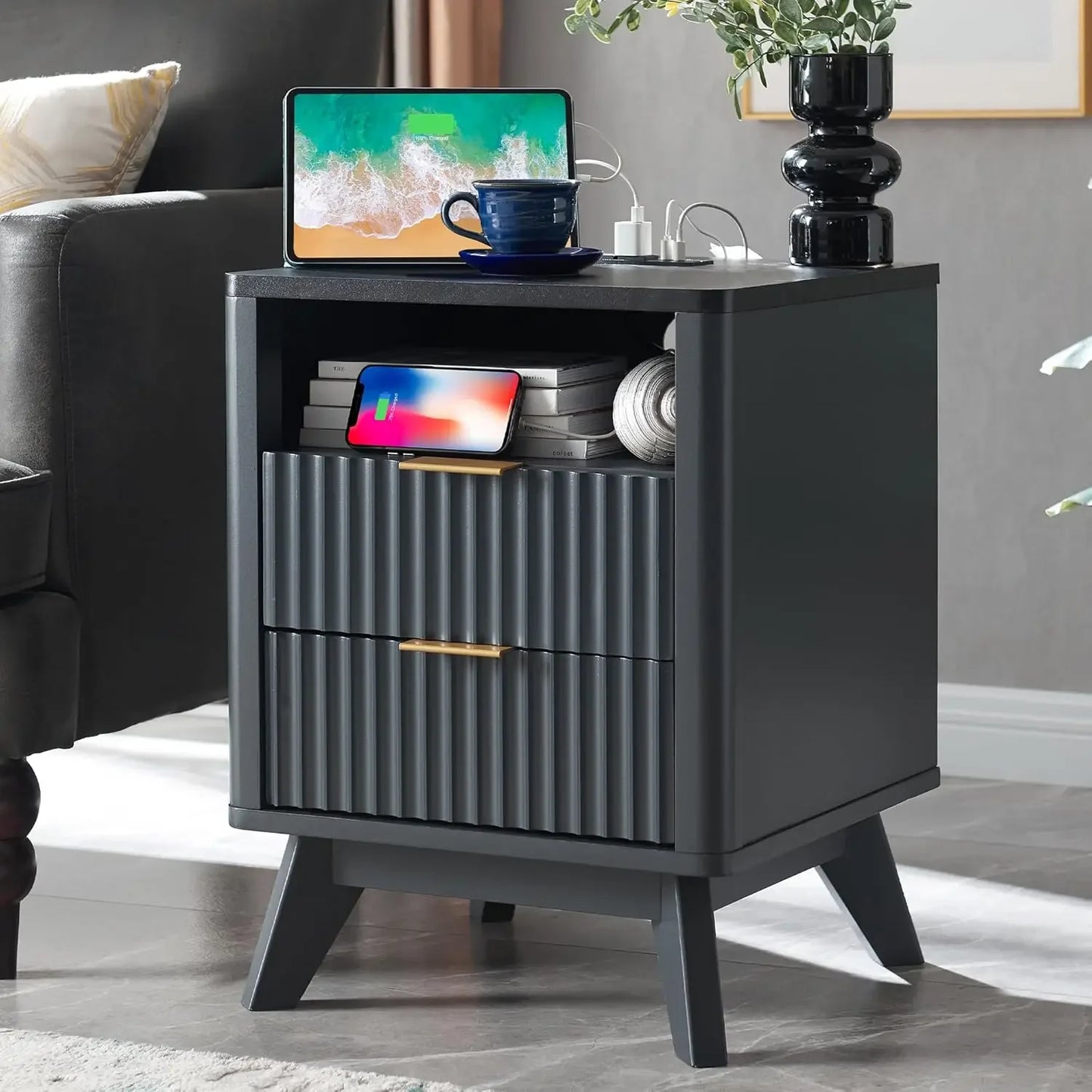 Fluted Nightstand with Charging Station 18" Modern Side Table 2 Drawers