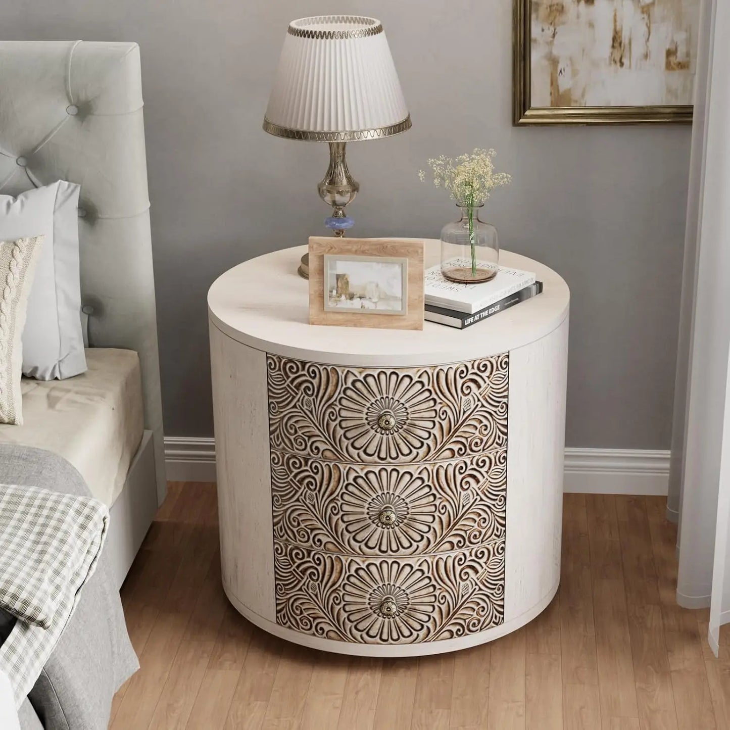 3 Drawer Chest of Drawers Round Storage Cabinet Nightstand Wood Bedside Table