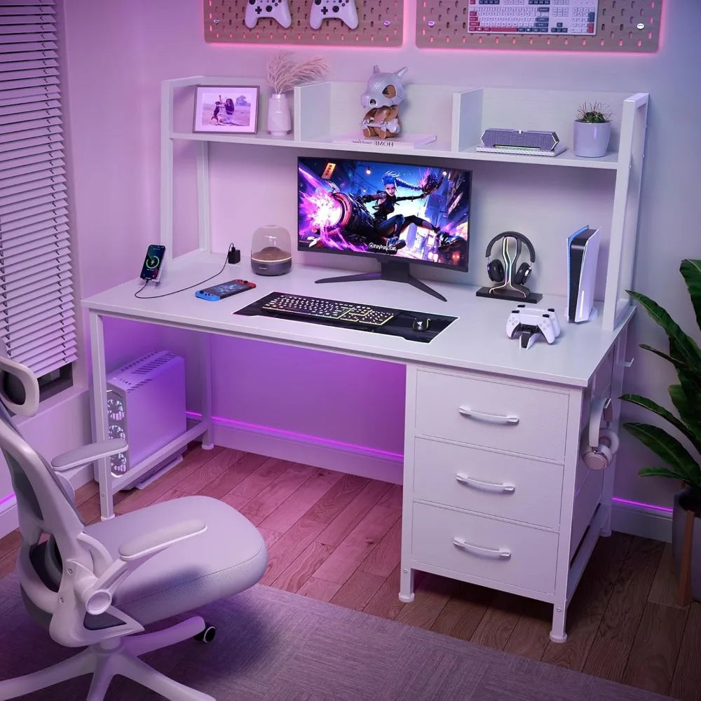 Modern White Computer Desk with Hutch Storage and Power Outlets