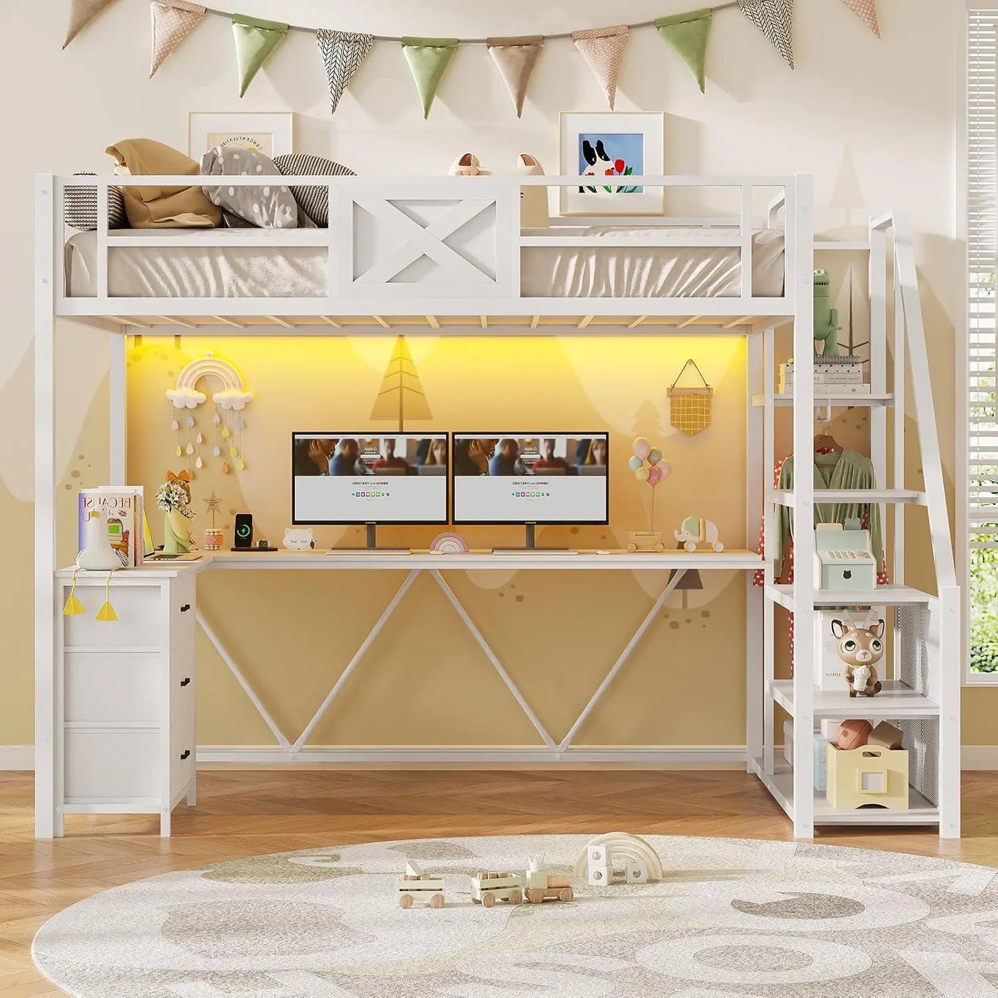 Stairway Twin Loft Bed with L Shaped Desk Wardrobe LED Lights Fabric Drawers