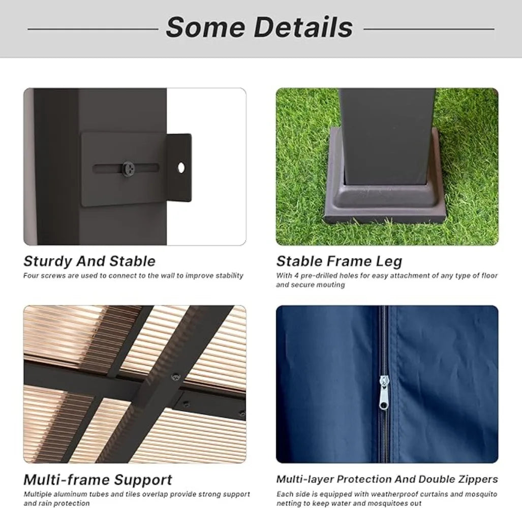 Ljustra 10FTx12FT Outdoor Wall-Mounted Pergola Metal Frame Gazebo