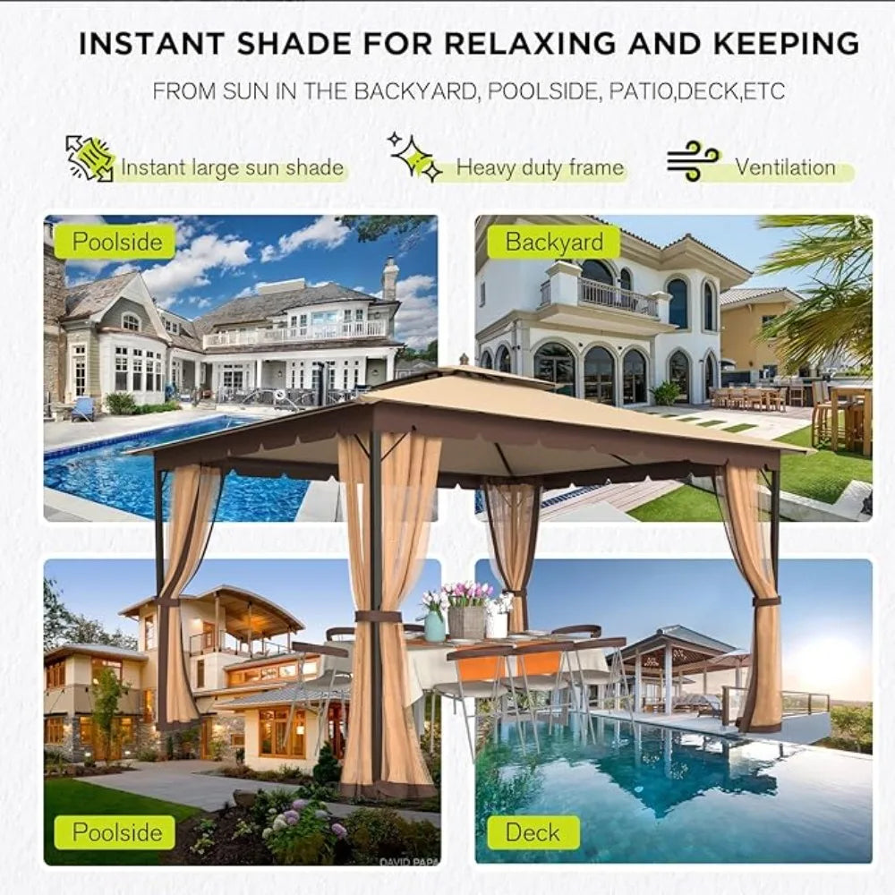 Gazebo with Mosquito Netting Dual Air Roof 10x12 Sturdy Metal Patio