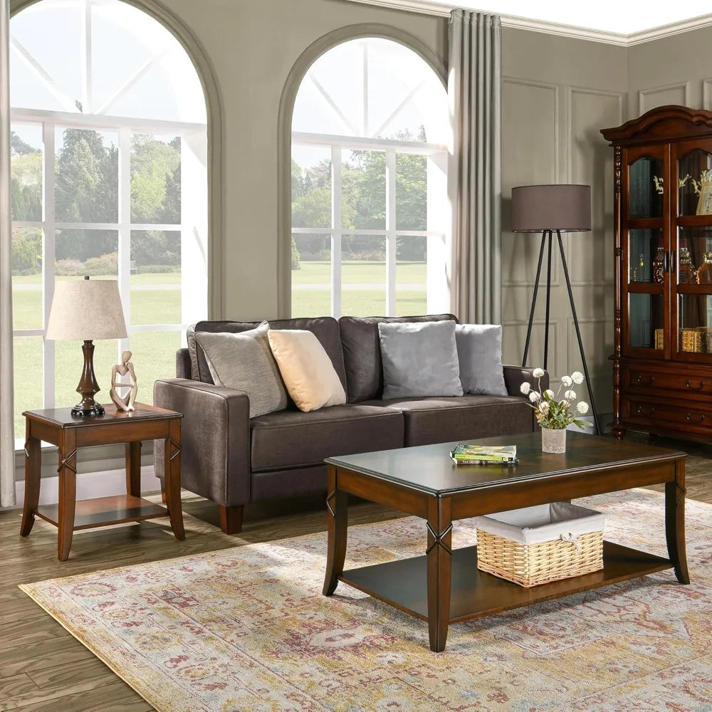 Solid Wood Coffee Table Mid-Century Storage Shelf Living Room Table