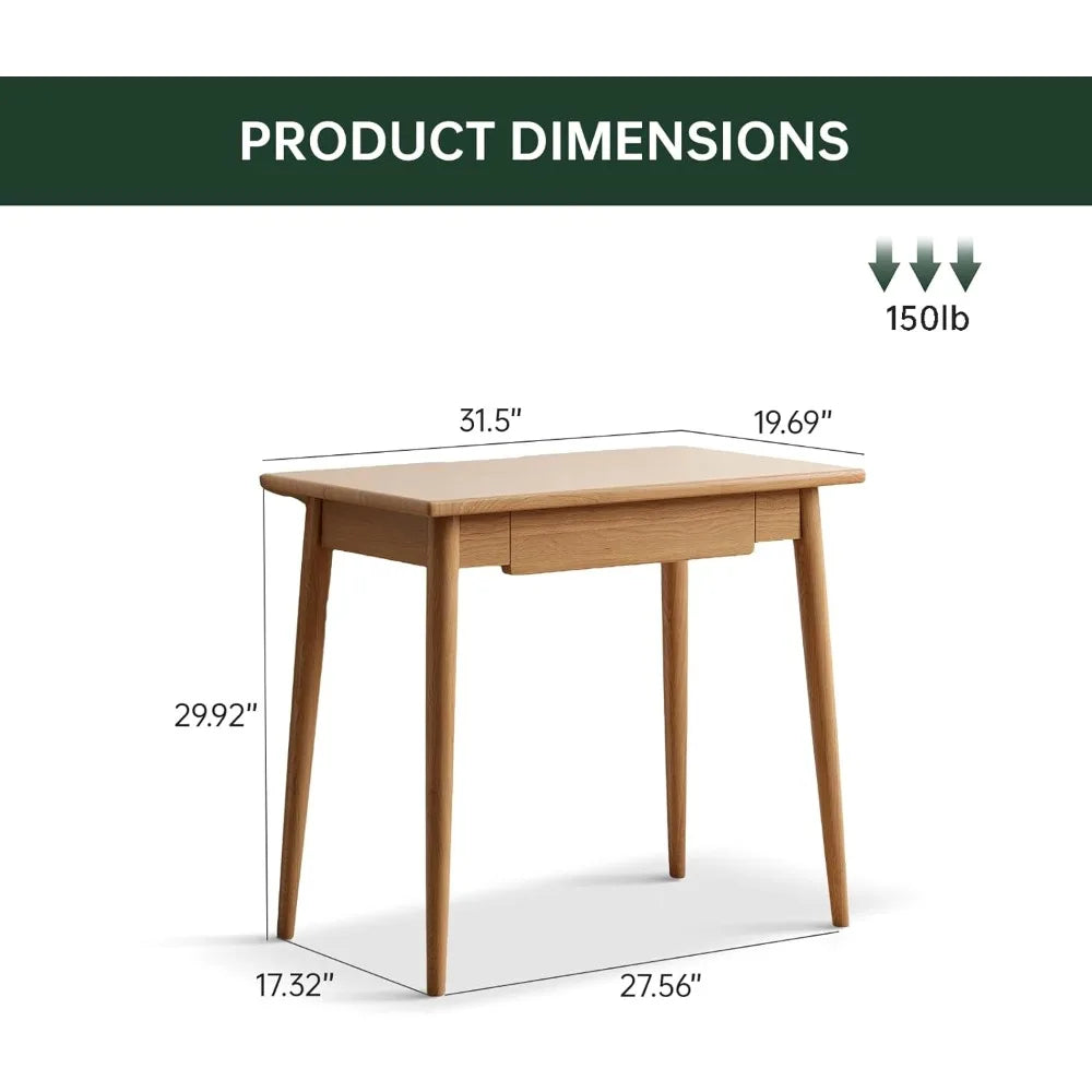 Solid Oak Mid Century Modern Writing Desk with Drawer for Home Office