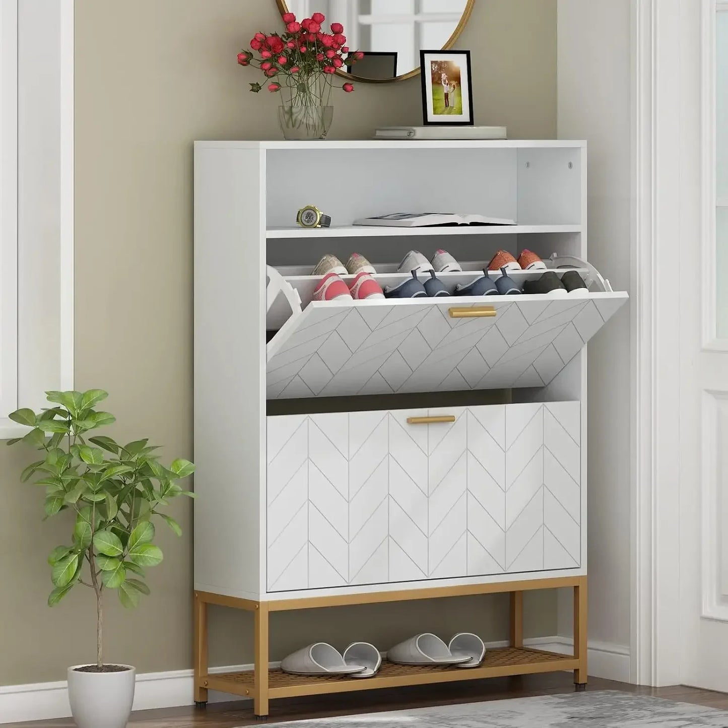Shoe Cabinet with 2 Flip Drawers Narrow Entryway Organizer Storage