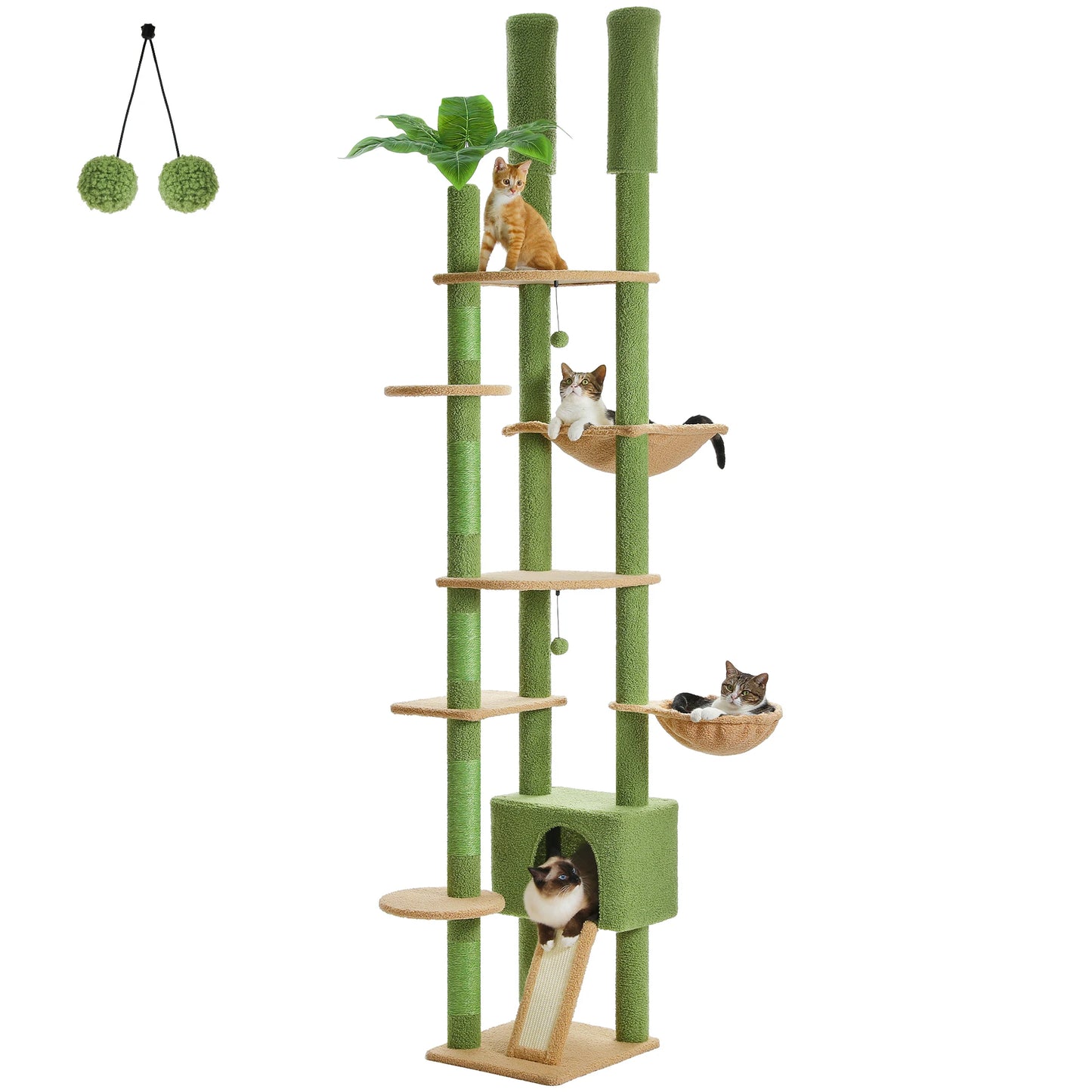 Floor to Ceiling Cat Tree Adjustable Height Wooden Tower with Scratching Posts