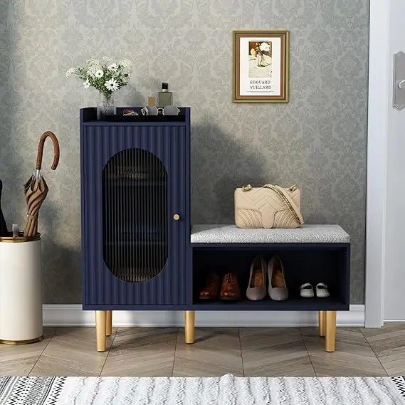 Modern Entryway Storage Bench with Glass Door and Padded Seat
