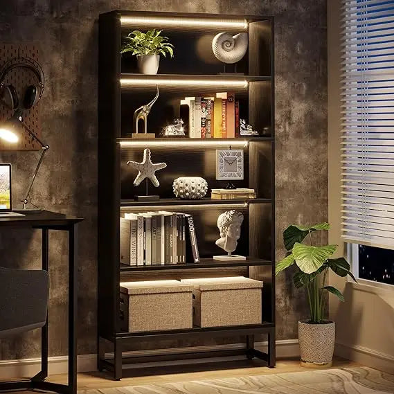 Tall Black Bookcase with LED Lights Heavy Duty Free-Standing Organizer