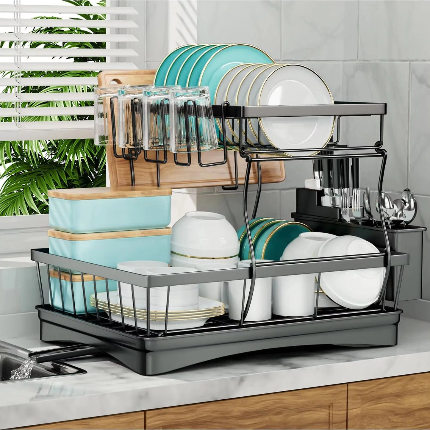 Large 2-Tier Dish Drying Rack Removable Kitchen Countertop Organizer