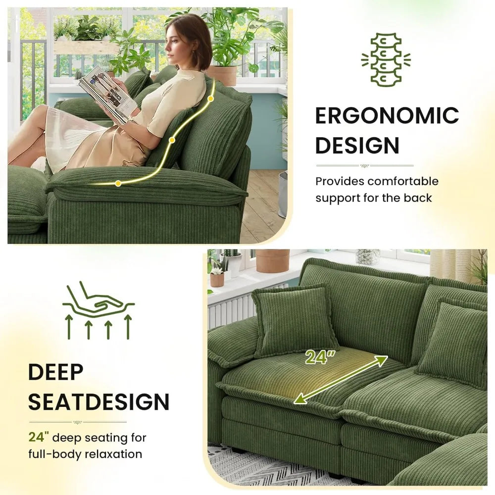 Comfy Corduroy Modular Sectional Couch with Ottoman 113" Cloud Cushion