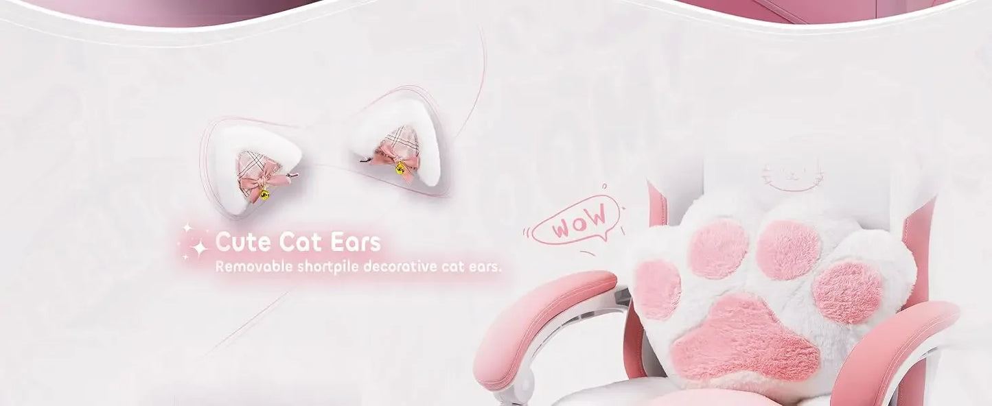 Cute Gaming Chair with Cat Ears Lumbar Cushion Ergonomic Footrest Reclining
