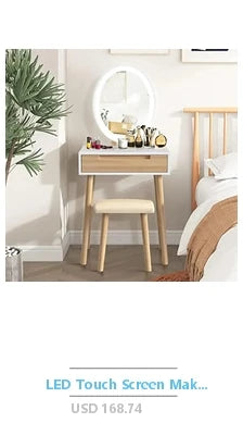 Makeup Vanity Set Writing Desk Trifold Mirror Stool Organizer Wood Retro