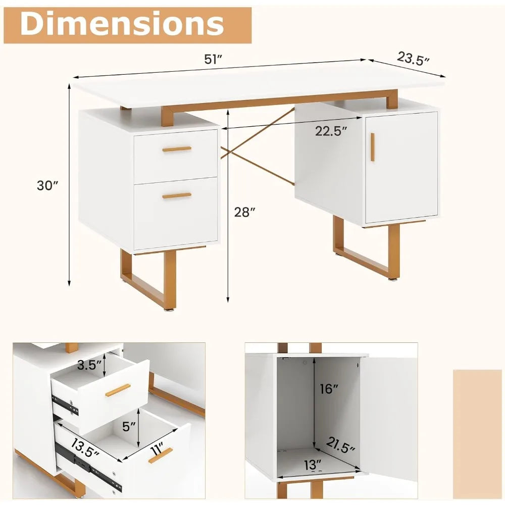 Modern Home Office Desk with Storage Drawers Floating Top Golden Frame