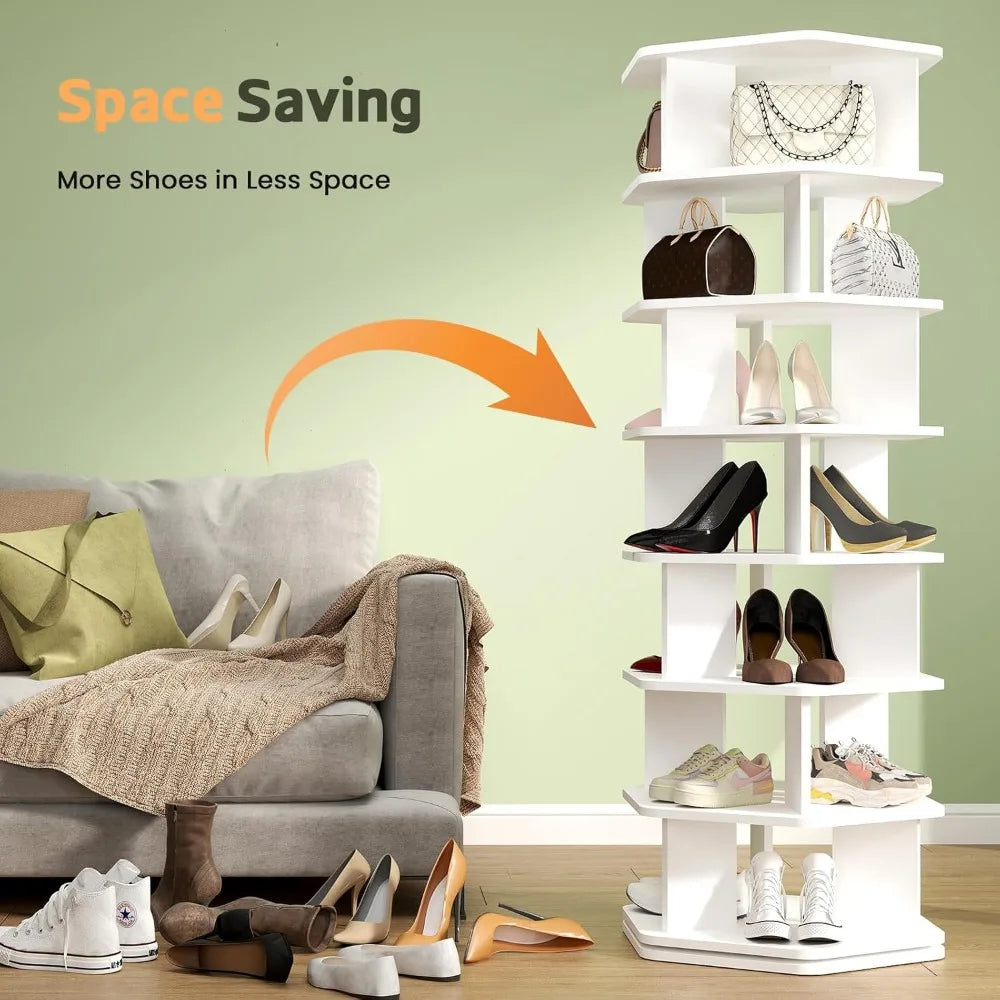 7 Tier Rotating Shoe Rack Wooden Spinning Organizer 360 Storage Tower