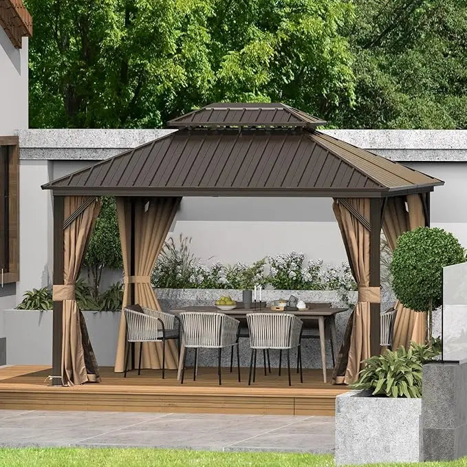 10x12 Hardtop Gazebo Canopy with Netting Curtains Outdoor Aluminum