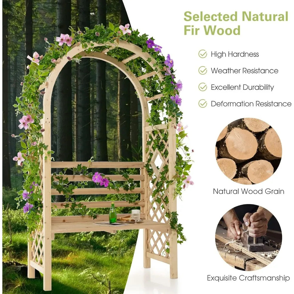 Ljustra 81.5 Inch Wooden Garden Arch with 2 Person Bench Outdoor Decor