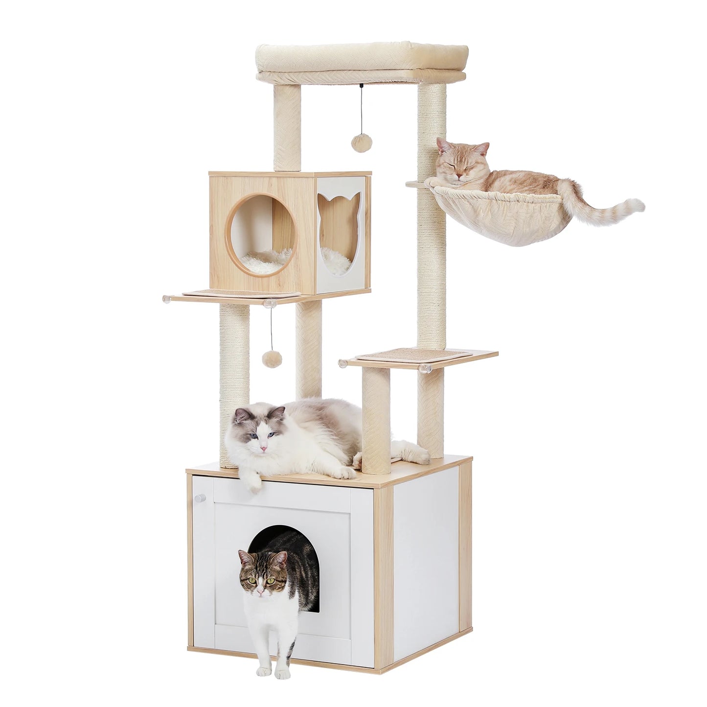 Multi-Level Cat Tree Indoor Wood Tower with Hammock Scratching Posts