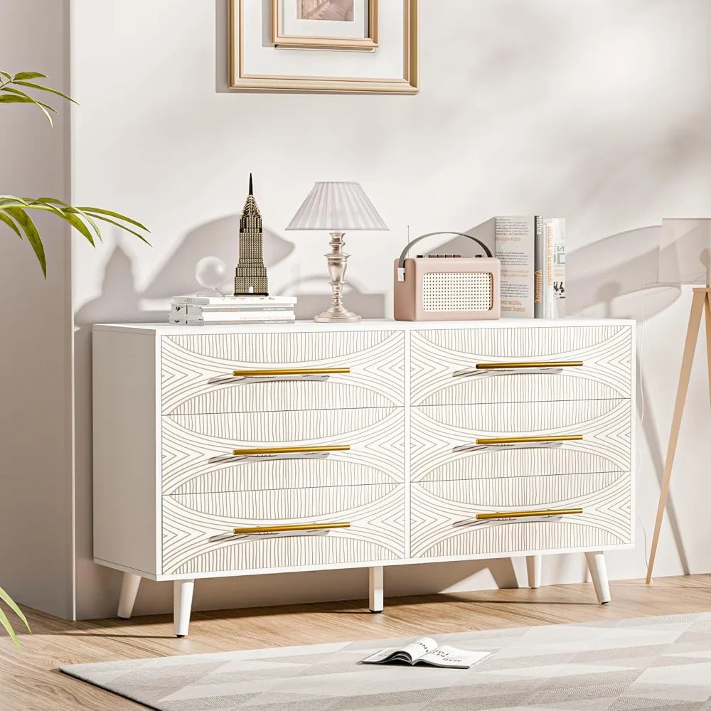 White Dresser for Bedroom Storage 6 Drawers Modern Chest of Drawers