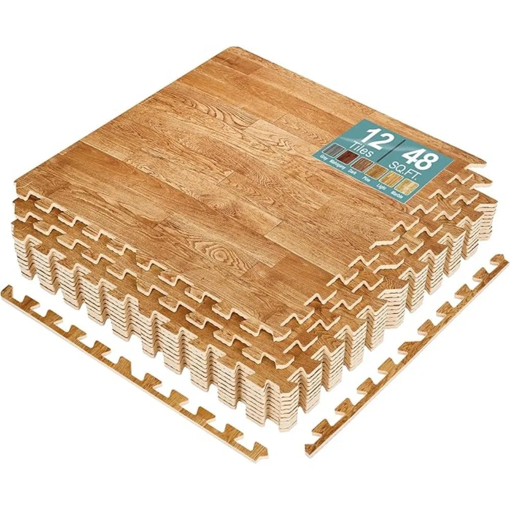 12 Tiles Wood Grain Floor Tiles Foam Mat 48 Sq Ft Exercise Mats