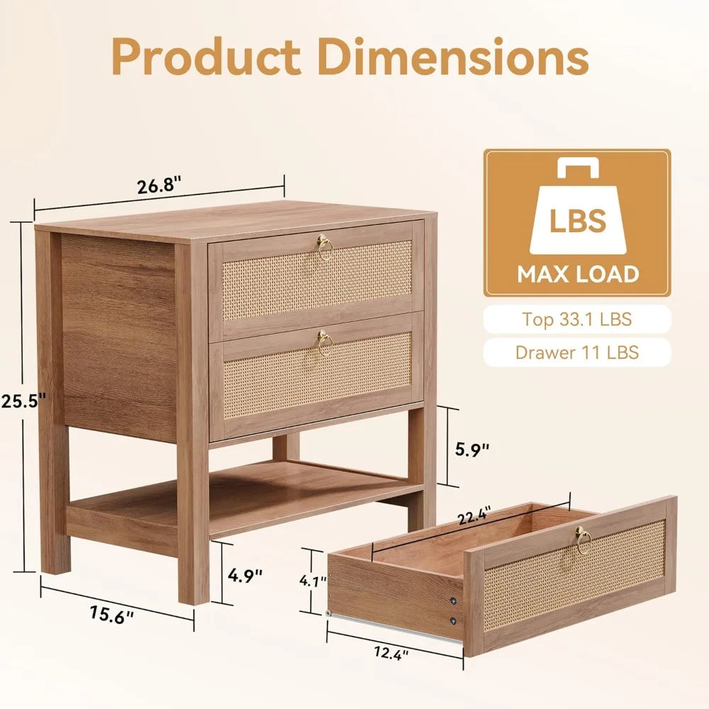 Rattan Nightstands Set of 2 Mid Century Modern Night Stand with Drawers