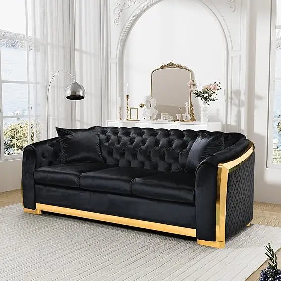 Ljustra Mid Century Modern Chesterfield Sofa Blue Gold Velvet Couch