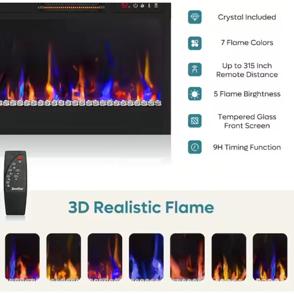 70 Inch Black Marble LED TV Stand with Fireplace for TVs Up to 75 Inches