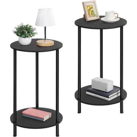 Set of 2 Round End Tables 2-Tier Farmhouse Night Stands Storage Shelves
