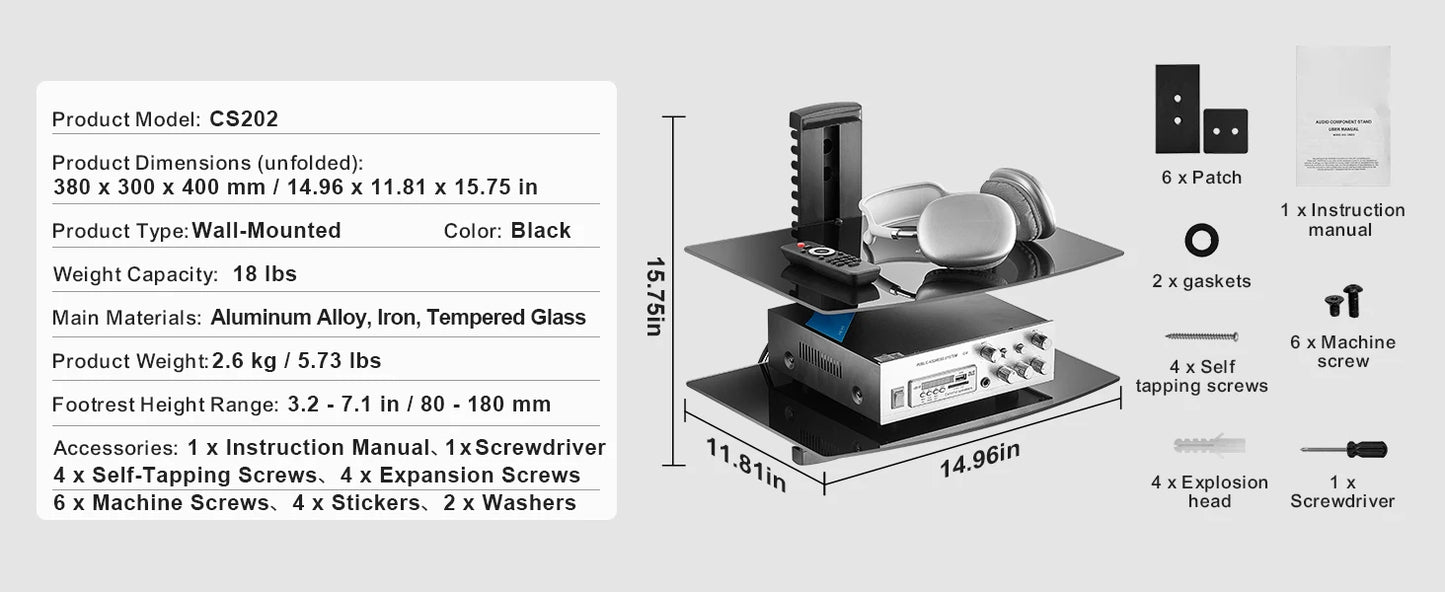 Ljustra 4-Tier AV Media Stand Adjustable Tempered Glass DVD Storage