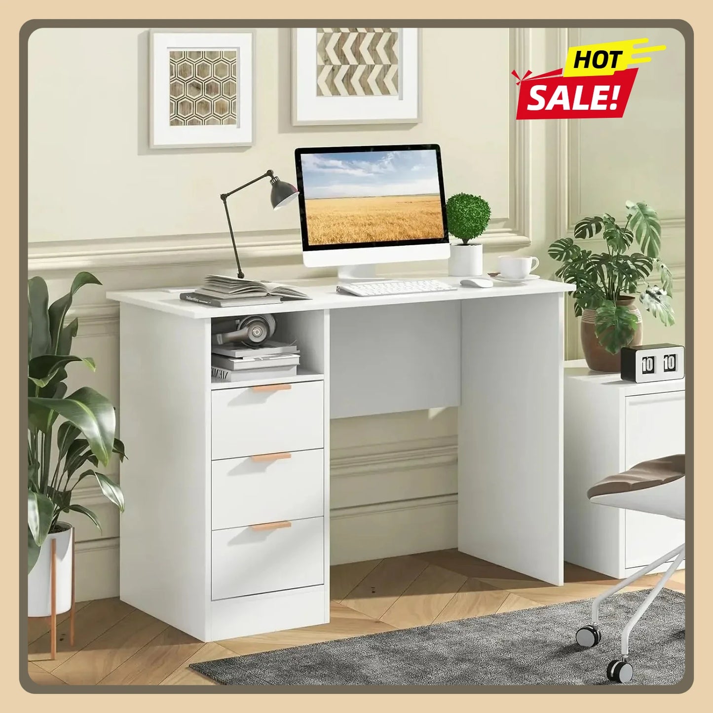 Modern Home Office Desk with 3 Drawers and Built-in Charging Station
