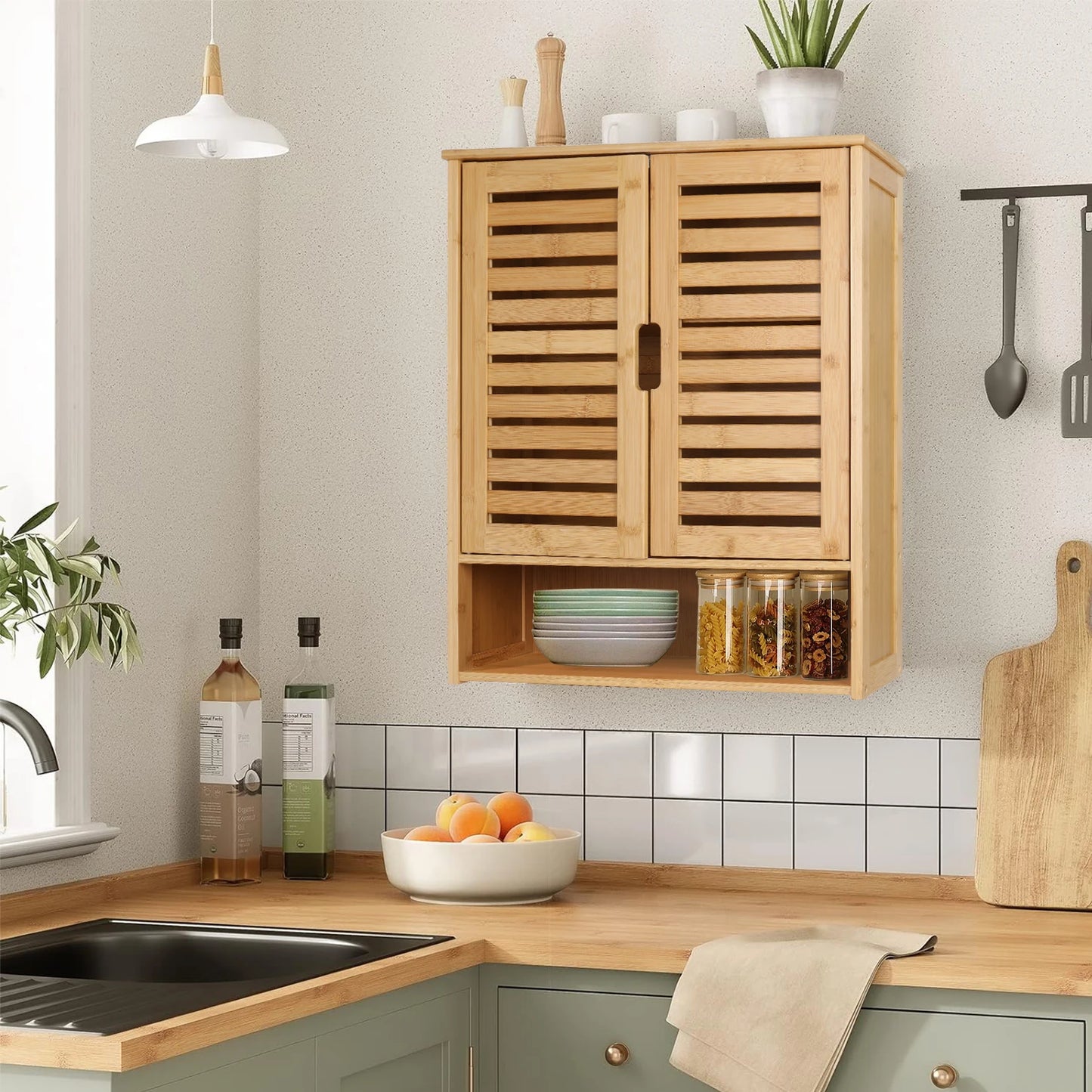 Wall Mounted Bathroom Bamboo Storage Cabinet Medicine Shelf
