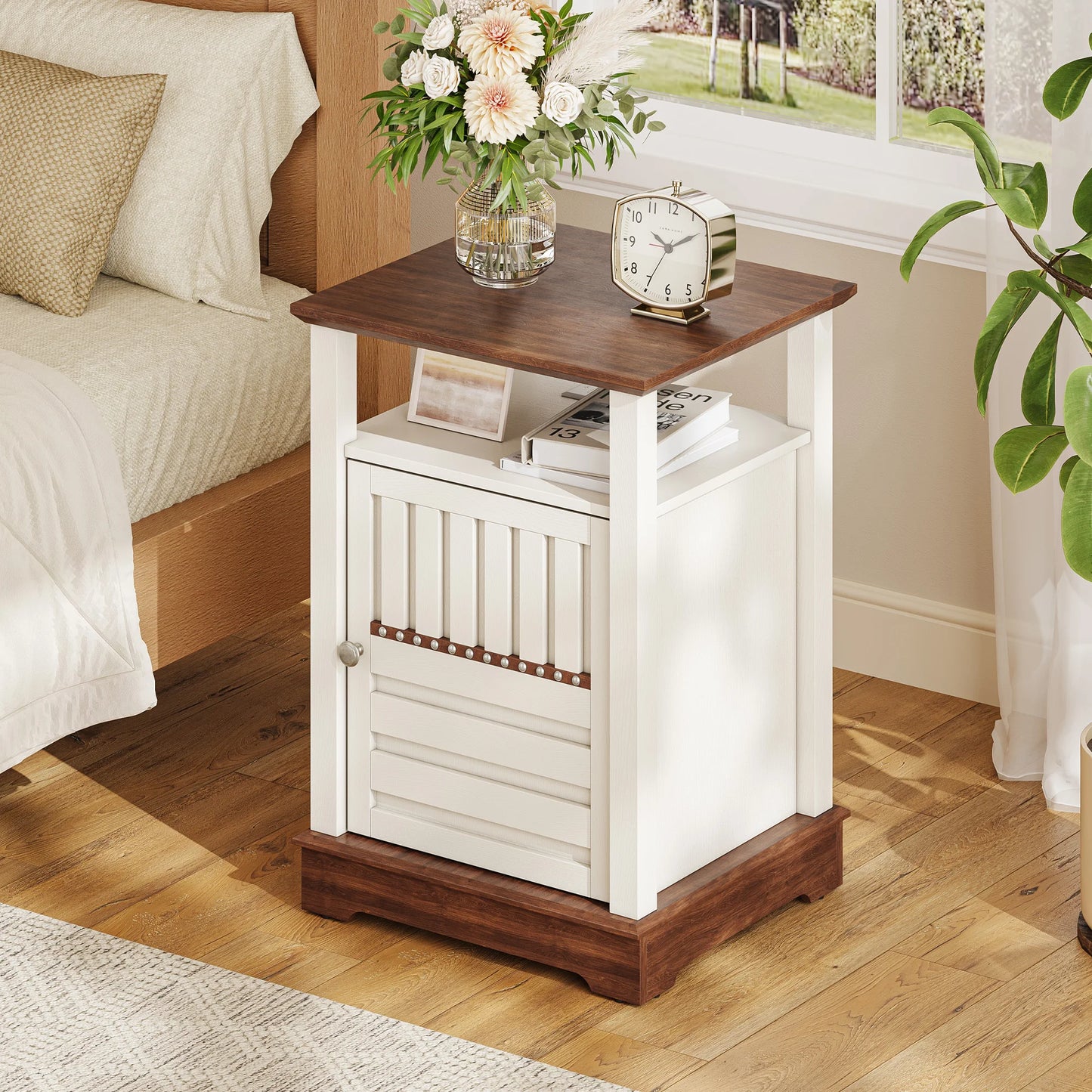Nightstand with Charging Station Adjustable Open Shelf Farmhouse Style