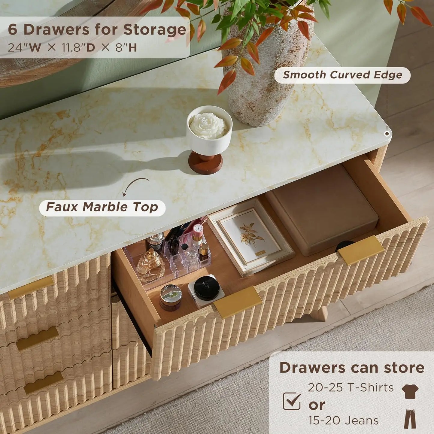 Fluted 6 Drawer Dresser Modern Chest of Drawers Faux Marble Top